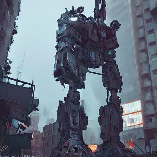 Image similar to six feet tall mech fighting in an urban environment, by gaudi, by ismail inceoglu, octane render, by weta digital, cinematic lighting, bump mapped, lumen reflections, ambient occlusion, action scene screenshot, epic scale, trending on artstation