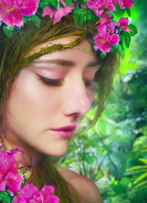 Prompt: a beautiful portrait of a beautiful woman with eyes closed in the jungle surrounded by pink flowers, face paintings, matte painting, fantasy art