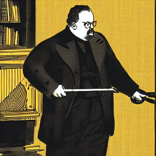 Prompt: illustration of gk chesterton with big muscles and a shotgun