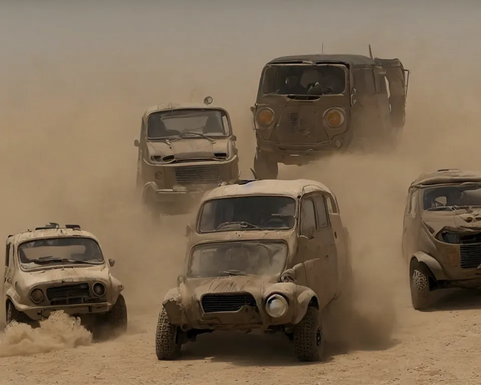 Image similar to epic sandstorm battle, Renault 4 Master cars in the Movie Mad Max: Fury Road (2015)