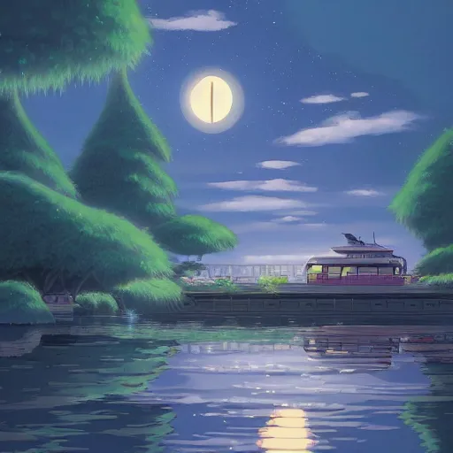 Image similar to spirited away peaceful creature in ghibli artstyle, wonderful scene, 8k, smooth, detailed with high quality, details, night, lights