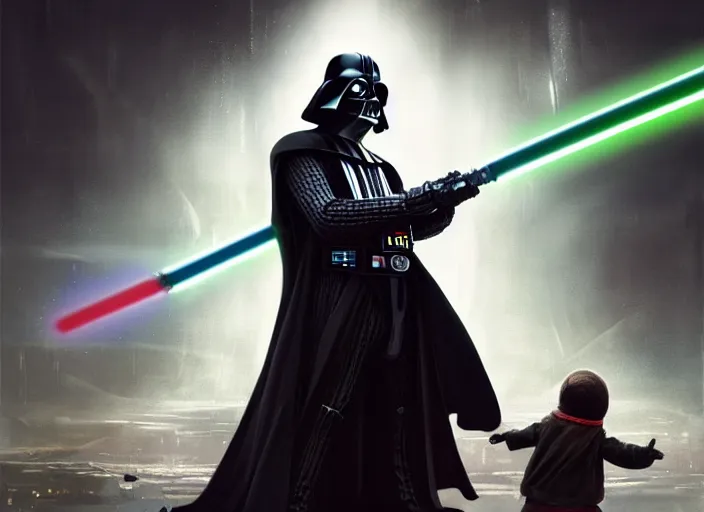 Image similar to a dramatic highly detailed render of darth vader with lightsaber drawn facing off against a cute baby, futuristic star wars vibe, by WLOP and Artgerm and Greg Rutkowski and Alphonse Mucha, Beautiful dynamic dramatic dark moody lighting, shadows, cinematic atmosphere, Artstation, concept design art, Octane render, 8K, masterpiece, sharp focus, hyperrealistic