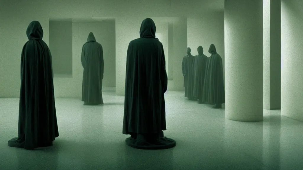 Image similar to the strange creature in line at the bank, made of wax and water, film still from the movie directed by Denis Villeneuve with art direction by Zdzisław Beksiński, wide lens