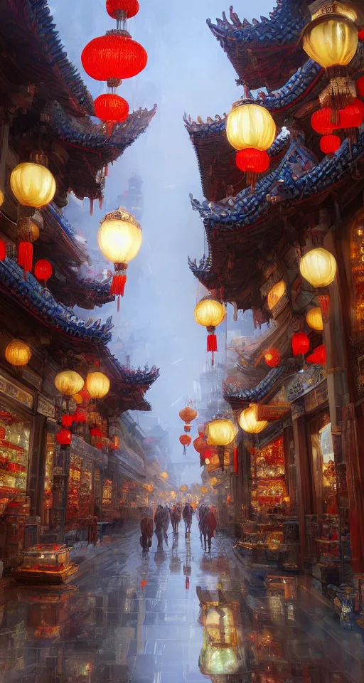 Image similar to epic scenery of a shopping street in the Chinese imperial city, intricate, elegant, volumetric lighting, digital painting, highly detailed, artstation, sharp focus, illustration, concept art, ruan jia, steve mccurry