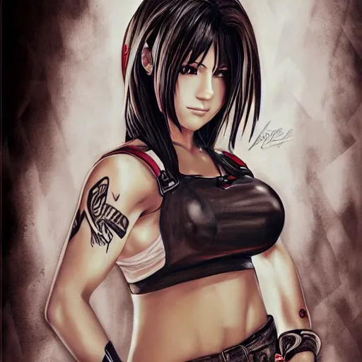 Image similar to detailed artwork of tifa lockhart with tattoos, featured on artstation