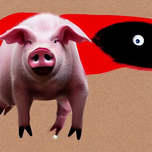 Image similar to attack of the vampire pig, pig with oversized canine teeth, photo of a red eyed pig jumping bare - toothed at the viewer
