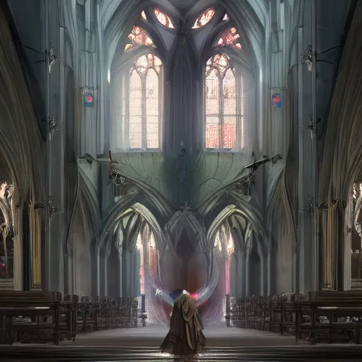 Image similar to angel protecting man who is praying inside a gothic church by Stanley Artgerm Lau, WLOP, Rossdraws, James Jean, Andrei Riabovitchev, Marc Simonetti, Yoshitaka Amano, ArtStation, CGSociety
