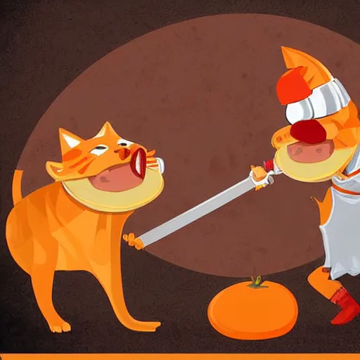 Image similar to anthropomorphic bacon, sword fighting an orange tabby cat, orange tabby sword fighting anthropomorphic bacon, award - winning photograph