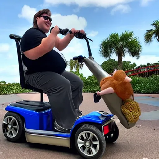 Image similar to a morbidly obese rat!!!!!!!!!!!!! riding a mobility scooter at disneyworld, photo