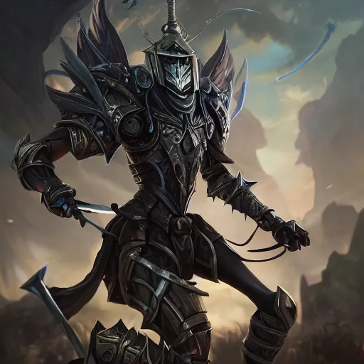 Image similar to portrait of humanoid mosquito resembling a knight in black armor with two dragonfly wings, league of legends splash art, hearthstone splash art, full body shot, rule of thirds, ultrafine hyperrealistic detailed face, artgerm, greg rutkowski, trending on artstation, 8 k, intricately detailed, highly detailed