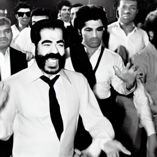 Prompt: A movie still of Saddam Hussein dancing in Satuday Night Fever