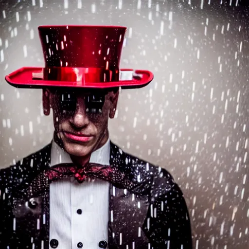 Prompt: cinestill 5 0 d candid photographic portrait by david cronenberg of baroque steampunk cyborg gentleman wearing a red edwardian suit and top hat, floral growths, modern cyberpunk moody emotional cinematic, closeup, pouring rain menacing lights shadows, 8 k, hd, high resolution, 3 5 mm, f / 3 2, ultra realistic faces, ex machina