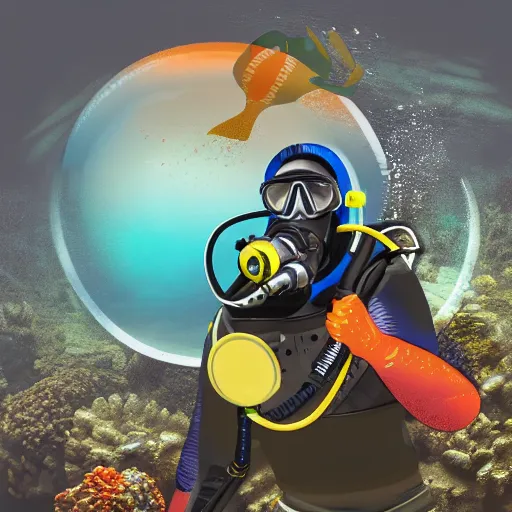 Image similar to scuba diver with a fish head, digital art, 4k, high quality render