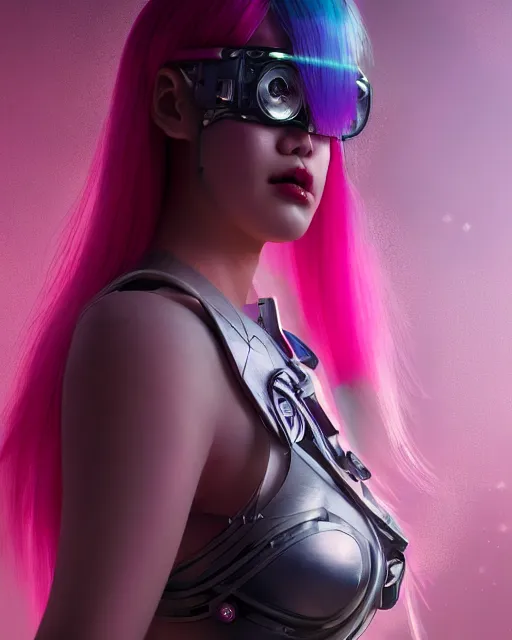 Image similar to portrait of a beautiful asian woman with pink hair as a cyberpunk cyborg half robot, sci - fi, missing panels, intricate abstract upper body intricate artwork, concept art, octane render, deviantart, cinematic, key art, hyperrealism, iridescent accents, portrait photograph, nikon 3 5 mm, photograph by greg rutkowski