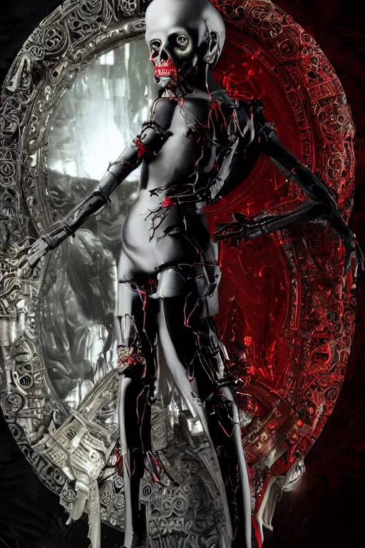 Image similar to full-body cyberpunk style sculpture of a young beautiful dark priestess, half android with a head opening exposing circuitry, glowing red eyes, black roses, flowing blood red colored silk, fabric, candles. baroque elements, human skull. full-length view. baroque element. intricate artwork by caravaggio, crows flying in background. Trending on artstation, octane render, cinematic lighting from the right, hyper realism, octane render, 8k, depth of field, 3D