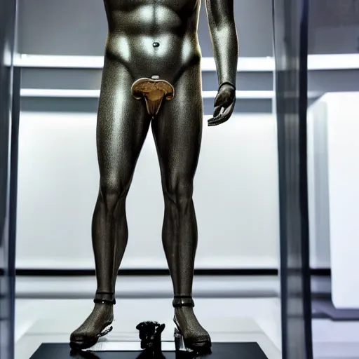 Image similar to a realistic detailed photo of a guy who is an attractive humanoid who is half robot and half humanoid, who is a male android, boxer and youtuber logan paul, shiny skin, posing like a statue, blank stare, at the museum, on display