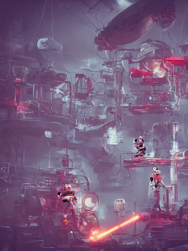 Image similar to graphic art of dystopian futuristic 1 0 mechanic surgeons in space suits, operate on a huge mickeymouse! severedhead!!!! held by a crane. ominous glowing red netflix!!! sign in the background, trending on art station, beeple!!, clean concept art, smooth, octane render