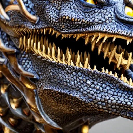 Prompt: a close up of a dragon with teeth bearing down on you