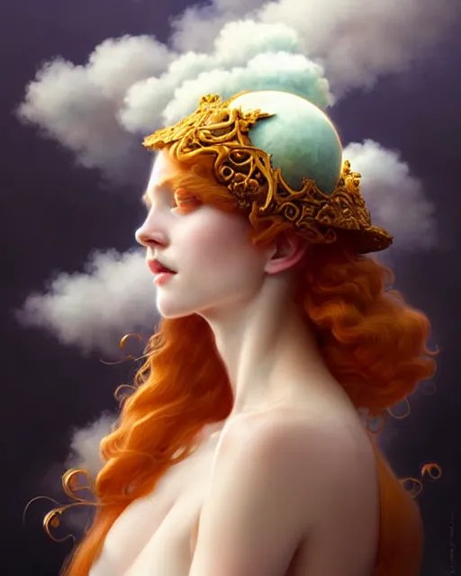 Image similar to Beautiful and playful ethereal ginger portrait, art nouveau, fantasy, with a hat made of clouds , elegant, highly detailed, sharp focus, art by Artgerm and Greg Rutkowski and WLOP