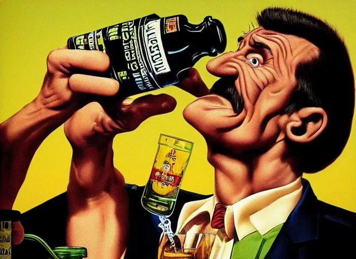 Image similar to barry chuckle drinking a bottle of snake oil, snake oil advertisement from 1 9 8 8, artwork by richard corben and rene magritte, 3 d, high resolution 8 k