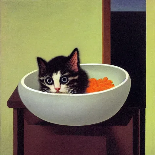 Image similar to rene magritte painting of a baby kitten inside of a bowl of soup