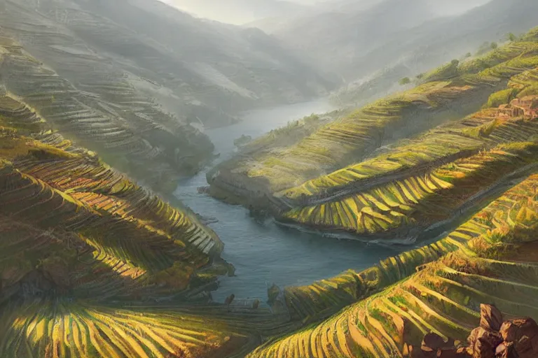 Image similar to douro valley, highly detailed, digital painting, illustration, artstation, art by artgerm and greg rutkowski