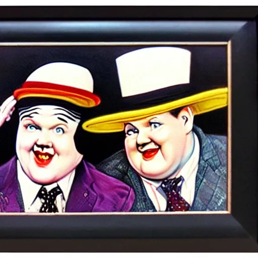 Image similar to A portrait of Stan Laurel and Oliver Hardy in hats by Frank Kelly Freas