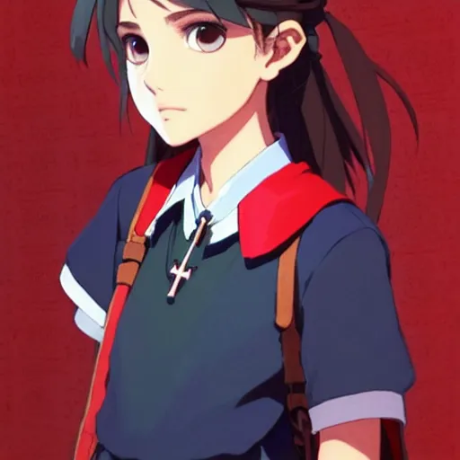 Image similar to a beautiful! boyish! natalie portman model, wearing catholic school girl outfit with mayan pattern and native style, jrpg aztec street fashion, gapmoe yandere grimdark, trending on pixiv fanbox, painted by greg rutkowski makoto shinkai takashi takeuchi studio ghibli, akihiko yoshida