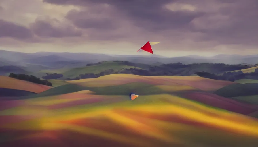 Prompt: a beautiful landscape painting, flying colorful paper planes, tuscany hills, by sam guay, moody lighting, hyperrealism, 4 k, octane render