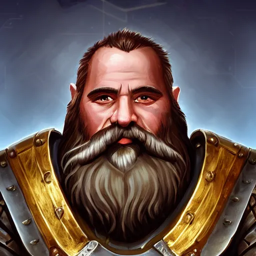 Prompt: portrait, 40 years old :: fantasy dwarf, thin :: beard, brown eyes, short pure white hair :: full plate armor litely golden :: high detail, digital art, RPG, concept art, illustration