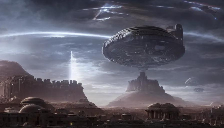 Image similar to a giant alien ufo high tech spaceship eerily hovering on nineveh on mesopotamia city landscape with beautiful shrines by greg rutkowski, artgerm, ross tran, magali villeneuve, intricate, time travel theme, audince in awe, spectacle, audience sorrounding, award winning, octane render, masterpiece, 8 k, beautiful