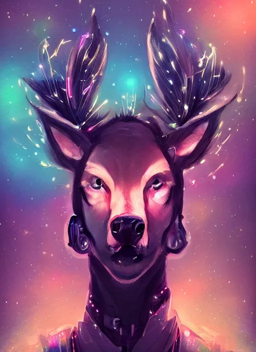 Image similar to award winning beautiful portrait commission of a male furry anthro Black Reindeer cyberpunk fursona with a tail, wings, wings, wings and a cute beautiful attractive detailed furry face wearing a crown, stylish black and rainbow galaxy clothes, outline, in a cyberpunk city at night while it rains. Character design by charlie bowater, ross tran, artgerm, and makoto shinkai, detailed, inked, western comic book art