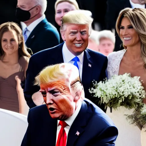 Image similar to DSLR photo of Donald Trump as the bride marrying Joe Biden as the husband, 8k, detailed