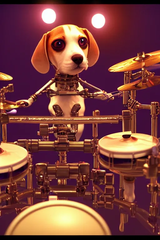 Image similar to high quality 3 d render very cute cyborg beagle plays drums!, cyberpunk highly detailed, unreal engine cinematic smooth, in the style of blade runner & pixar, hannah yata charlie immer, moody light, low angle, uhd 8 k, sharp focus