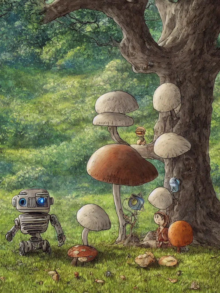 Image similar to hyper-realistic portrait painting of a rustic robot sitting under a tree, mushroom, in the style of Studio Ghibli, by Hayao Miyazaki, high quality, detailed, 8k, amazing, single robot