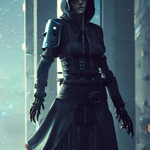 Prompt: cyberpunk assassin, cyberpunk themed armour, assassin's creed, stunning 3 d render inspired art by greg rutkowski and xiang duan and thomas eakes, realistic, highly detailed attributes and atmosphere, dim volumetric cinematic lighting, 8 k octane detailed render, post - processing, masterpiece,