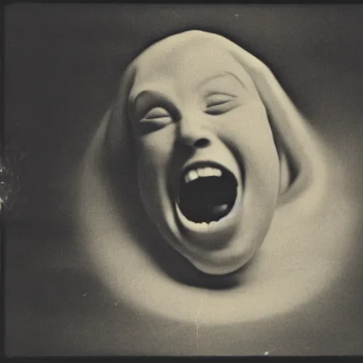 Image similar to photograph of a ectoplasm coming out of a medium's mouth sepia realistic 3 5 mm cinematic