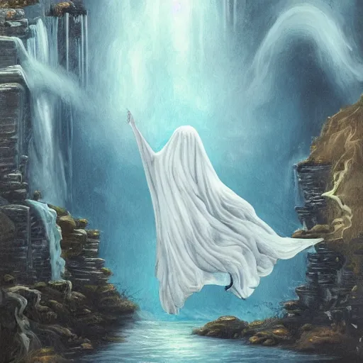 Image similar to ominous bedsheet ghost floating above a waterfall, oil painting, brush strokes, gloomy foggy atmosphere, symmetrical, full body image, highly ornate intricate details,