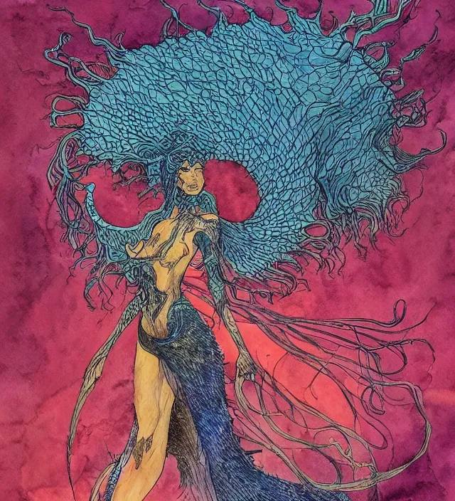 Image similar to a watercolor ink painting of the primordial eldritch goddess of natural - disasters in the style of jean giraud in the style of moebius trending on artstation deviantart pinterest detailed realistic hd 8 k high resolution