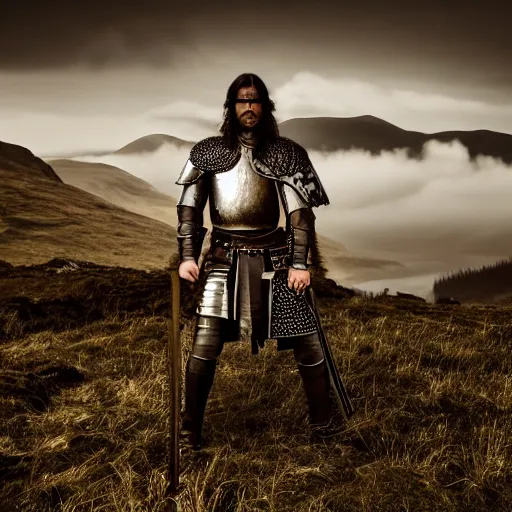 Image similar to a long shot, high quality dslr photo of a tall and muscular man with long black hair in authentic 1 4 th - century armor standing holding a claymore sword. tough and stoic looking. dramatic and cinematic lighting. golden hour. foggy and atmospheric. ben nevis the scottish mountain is in the background. epic and heroic tone. editorial award winning photograph.