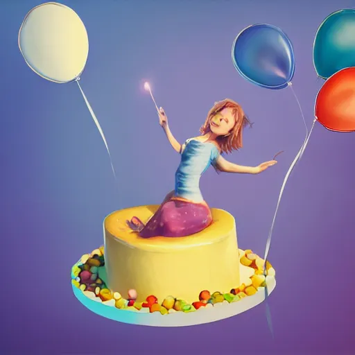 Image similar to a giant floating cake and plenty of floating birthday balloons. digital art, highly - detailed, artstation cgsociety masterpiece