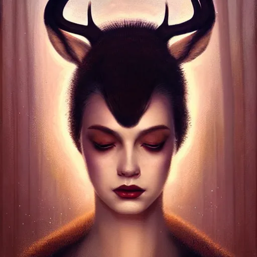 Image similar to a dramatic portrait of a woman showing affection to deer, cinematic lighting, symmetric face by karol bak, christopher balaskas