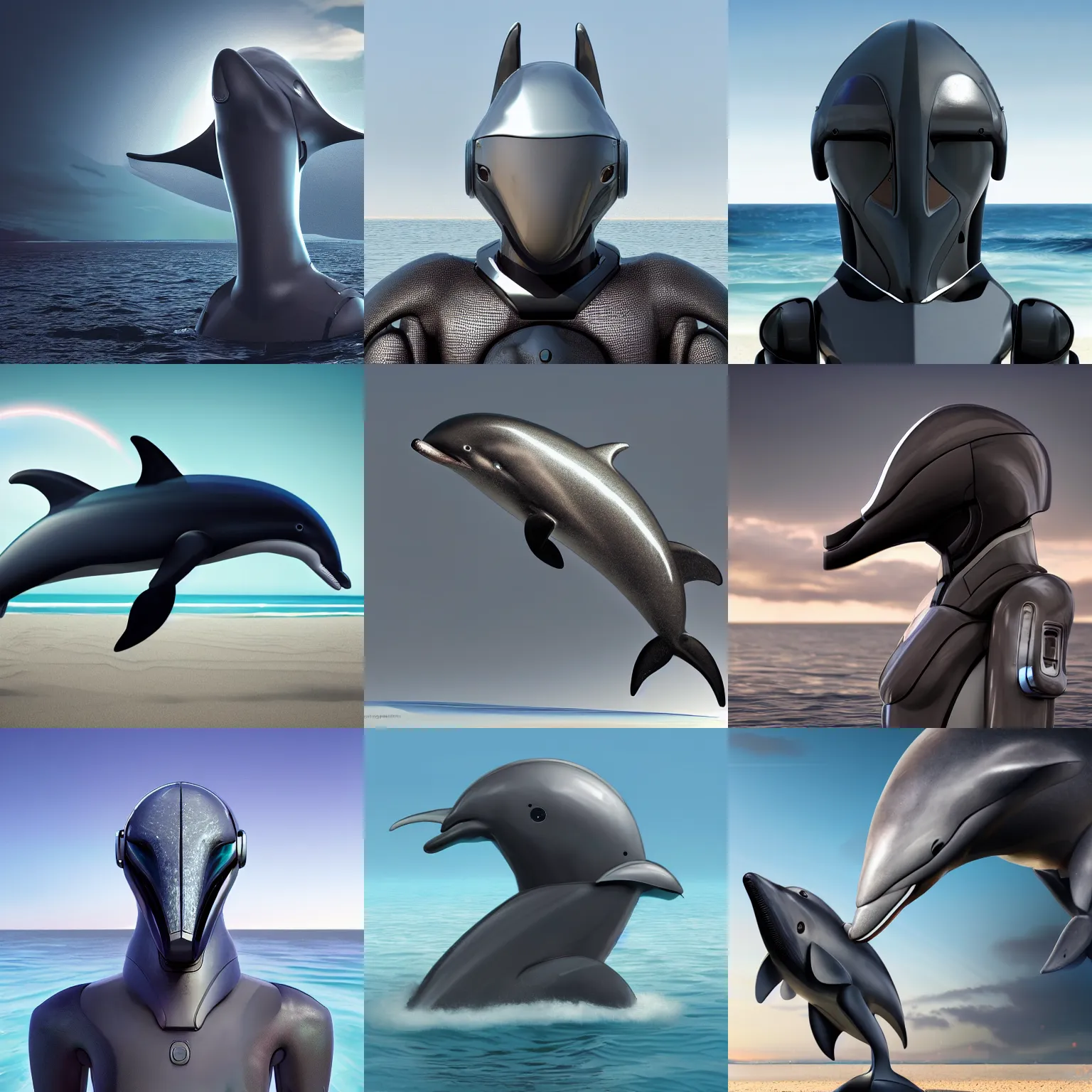 Prompt: robotic anthro dolphin, integrated synthetic cetacean hybrid android, dark opaque visor over top of face, short wide bulbous bottlenose snout extending from under visor, sleek waterproof design, male, commission on furaffinity, cgsociety, octane render, standing on a beach