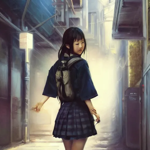 Image similar to a perfect, realistic professional oil painting of a Japanese schoolgirl posing in a dystopian alleyway, style of Marvel, full length, by a professional American senior artist on ArtStation, a high-quality hollywood-style concept