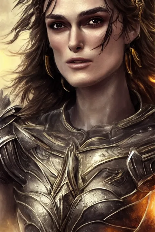 Prompt: portrait of keira knightley as a war goddess. 8 k, stunning and beautiful, award winning, highly detailed, extremely delicate armor, beautiful portrait, dramatic, mystical, league of legends style