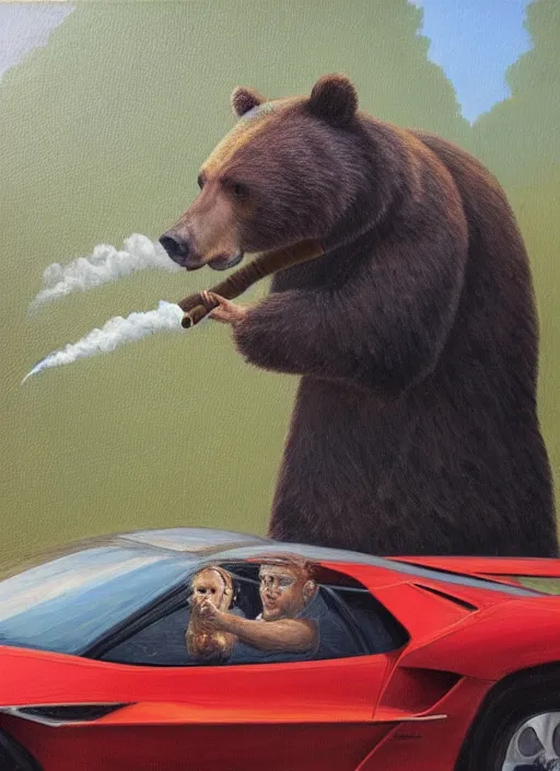 Image similar to A bear in a suit smoking a cigar while drifting in a Lamborghini, oil painting