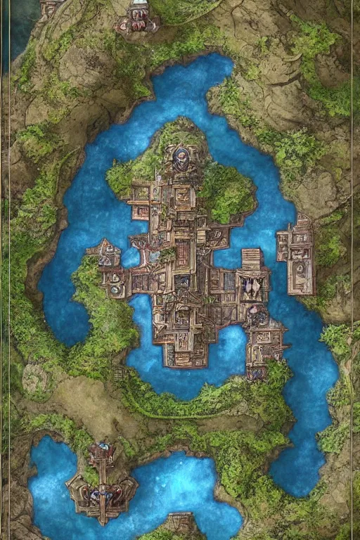 Image similar to a D&D fantasy tabletop game dungeon map with rooms, barracks, halls, with connecting caverns where at the end an ominous waterfall and pool reside, high quality, hd, realistic painting, by WOTC, Roll20, Wonderdraft, Inkarnate, Craig Mullins, Alan Lee, John Howe, trending on artstation