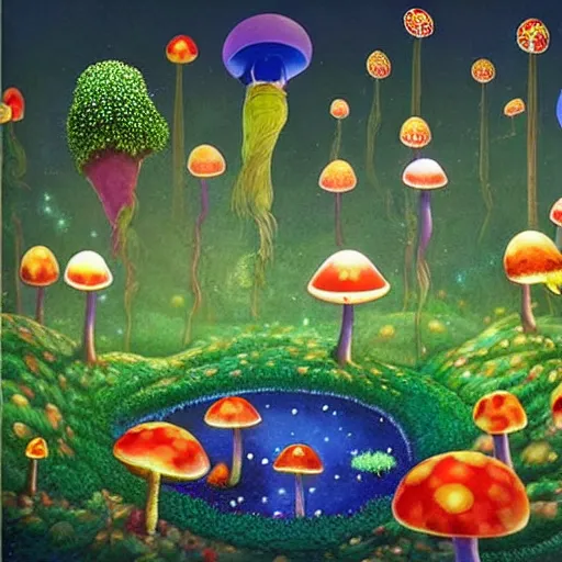 Image similar to cannabis magic mushrooms people advocating for their own freedom to grow pot plants in their backyards, colorful whimsical fantasy, by chiho aoshima