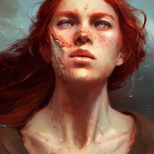 Prompt: a woman mining minerals, detailed face, redhead, by greg rutkowski, mandy jurgens