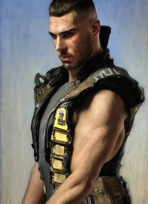 Image similar to big mike. cyberpunk gymnast wearing a military vest and combat gear. (Cyberpunk 2077, bladerunner 2049). Round face. Iranian orientalist portrait by john william waterhouse and Edwin Longsden Long and Theodore Ralli and Nasreddine Dinet, oil on canvas. Cinematic, hyper realism, realistic proportions, dramatic lighting, high detail 4k